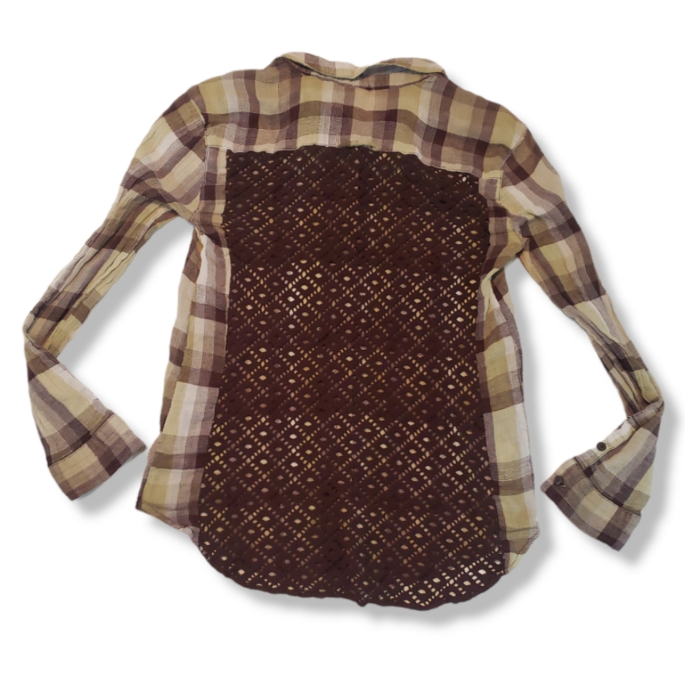 Free People Top Size Small Long Sleeve Plaid Button Down Shirt Crochet Open Back - Picture 2 of 6